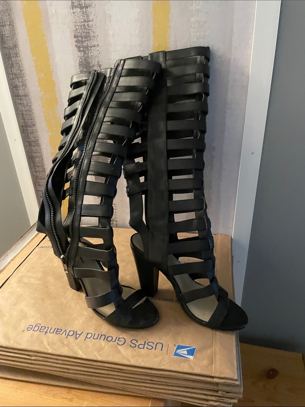 Black Strappy Gladiator High Heel Sandals - Women's